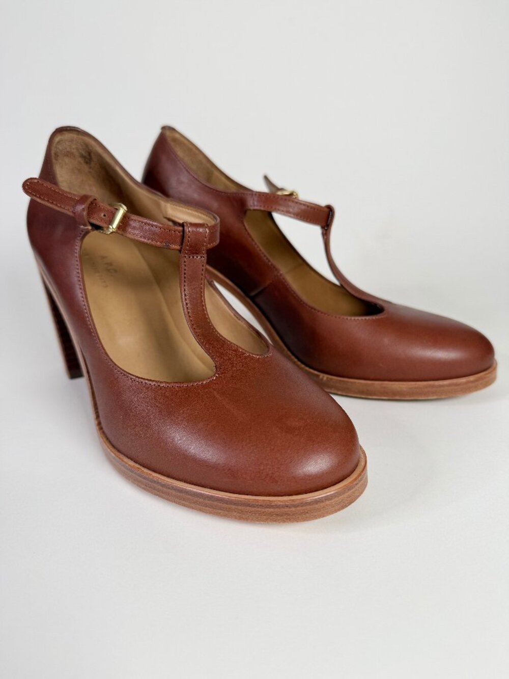 A.P.C. Brown Leather Women's T-strap Heels 38 EUR in original box